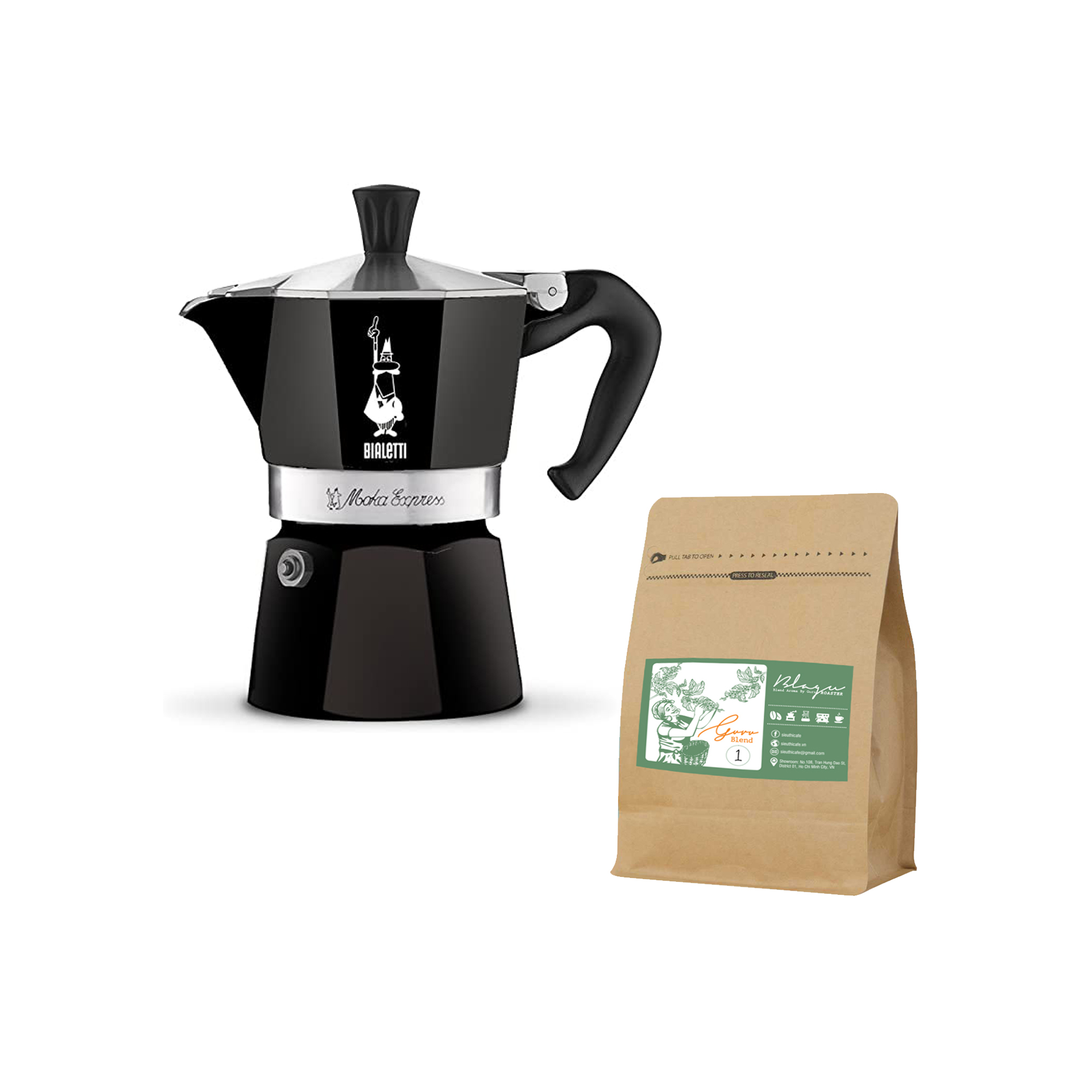 Combo ấm pha cà phê Bialetti Moka Express kèm gói cà phê Blagu Guru Blend 1 ( 250gr )