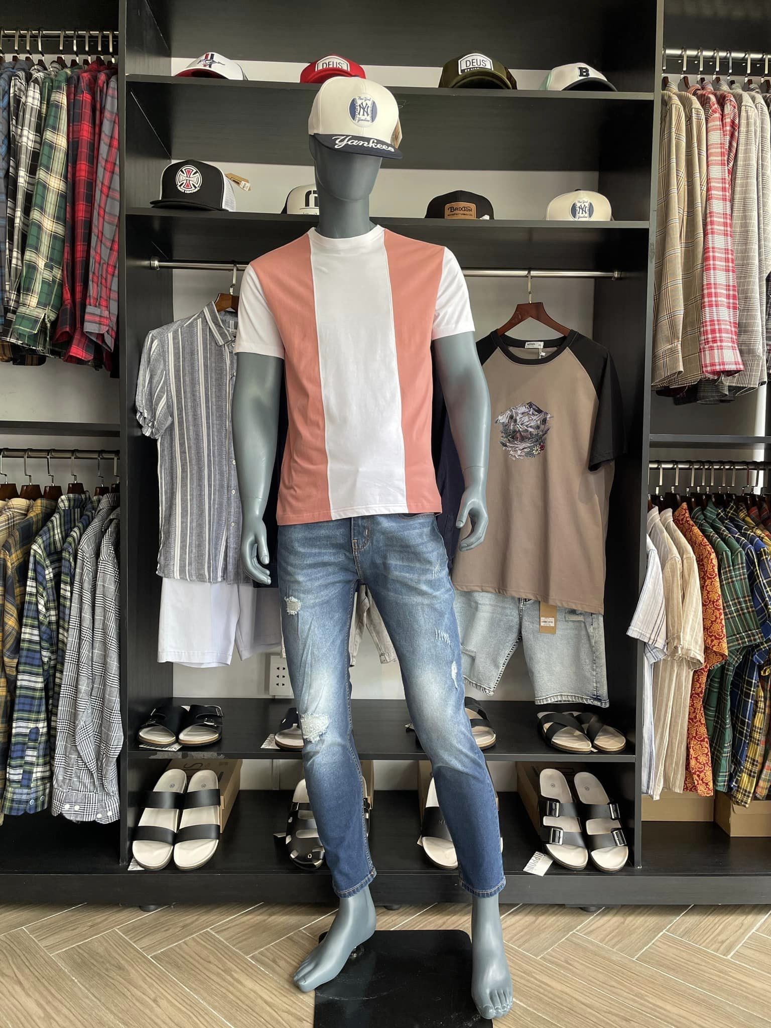 Áo thun nam cổ tròn phối màu trắng cam cotton mộc