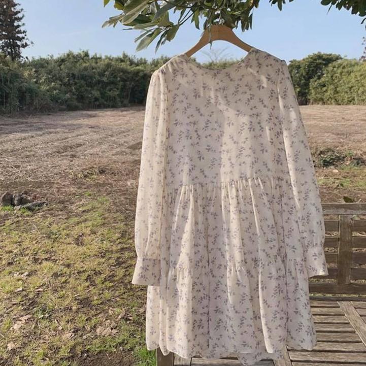 Đầm baby doll voan hoa cổ tròn tay dài màu trắng đen 06A03 DRESS