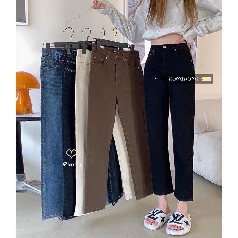 Quần slim baggy jeans nữ ống đứng - Quần bò nữ trơn SIMPLE ưng cao có BIGSIZE quảng châu kèm ảnh thật hàng sẵn