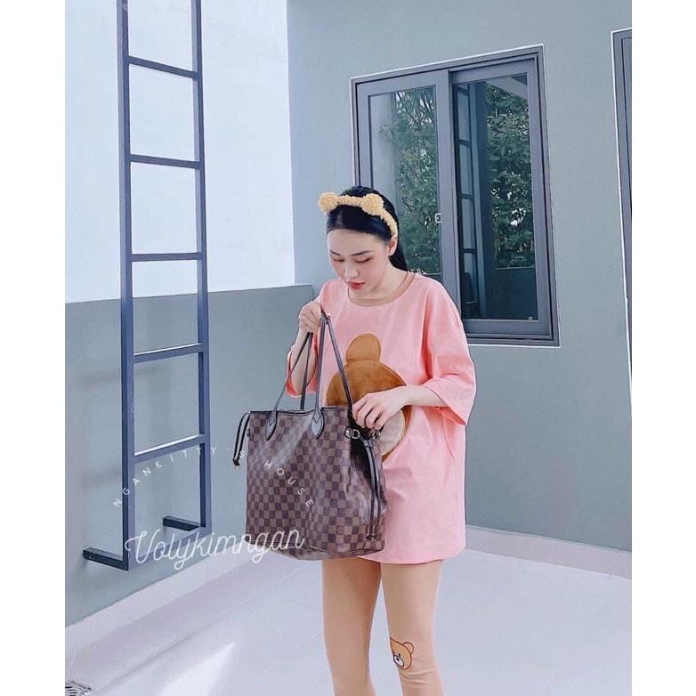 Sét bộ nữ áo thun from rộng ngắn tay in hình gấu dễ thương phối quần dài ôm body siêu tôn dáng thời trang nữ dạo phố
