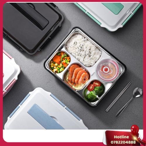Hộp Cơm Văn Phòng Inox 5 Ngăn Giữ Nhiệt Nắp Đậy Chống Tràn Tặng Kèm Đũa Thìa Inox Tiện Ích, Khay Đựng Cơm Inox 304 - Giao Màu Ngẫu Nhiên - Miễn Phí Vận Chuyển
