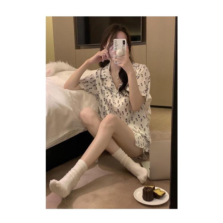 MS1053 Bộ Pyjama Nữ Lụa Satin, Bộ Quần Đùi Áo Cộc Mặc Nhà Hoa Tulip 9209#