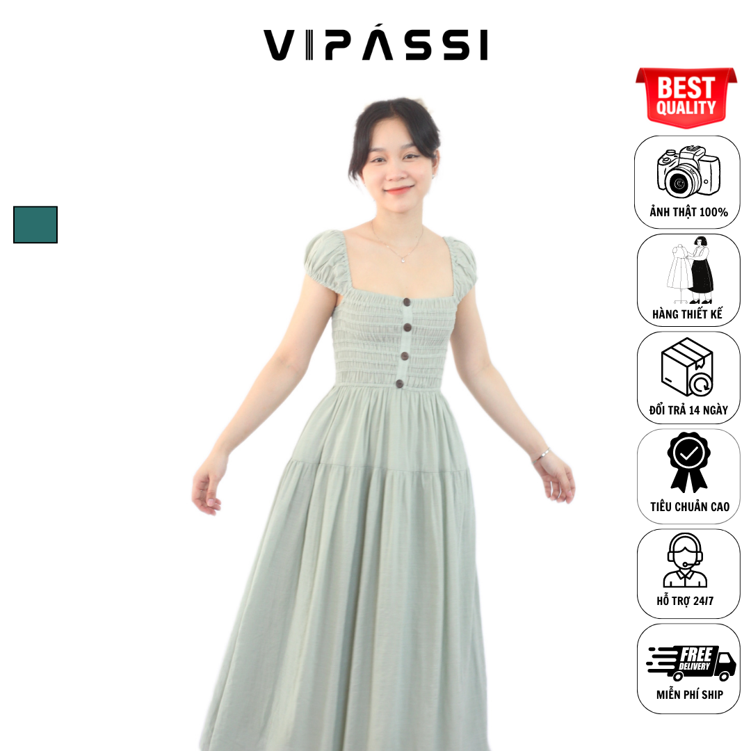 VIPÁSSI Đầm Linen Cộc Tay Dáng Dài Trễ Vai Nhún Thun Smocking Tùng Xòe Màu Xanh Bạc Hà