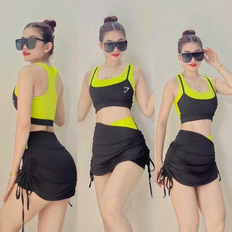 Set bộ tập áo bra váy rút dây phối màu hit hot tập gym, aerobic,thể dục,đi bơi nữ