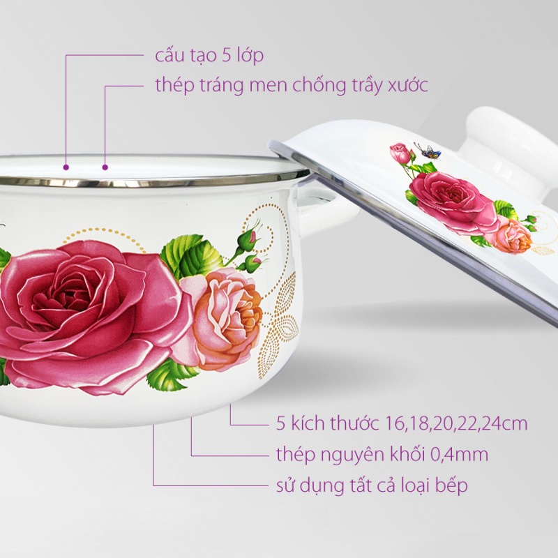 GALEN - COMBO 2 Nồi Men Cao Cấp Size 18cm &amp; 24cm Dung Tích 2L &amp; 4.5L Nấu Được Trên Mọi Loại Bếp, Dày, Không Tróc Men
