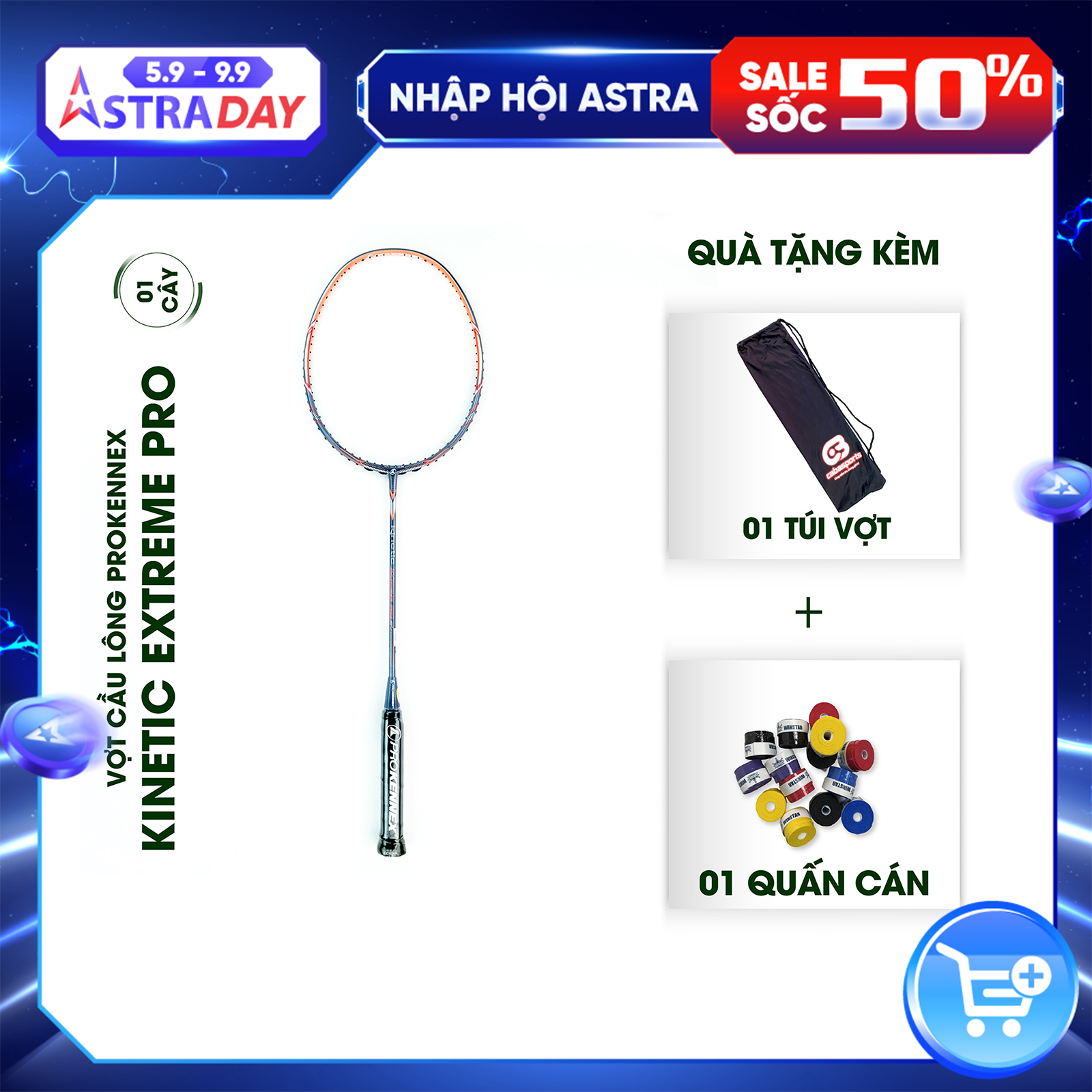 Vợt cầu lông Prokennex KINETIC EXTREME PRO cao cấp chính hãng tấn công mạnh mẽ (1 cây) - Tặng kèm quấn cán