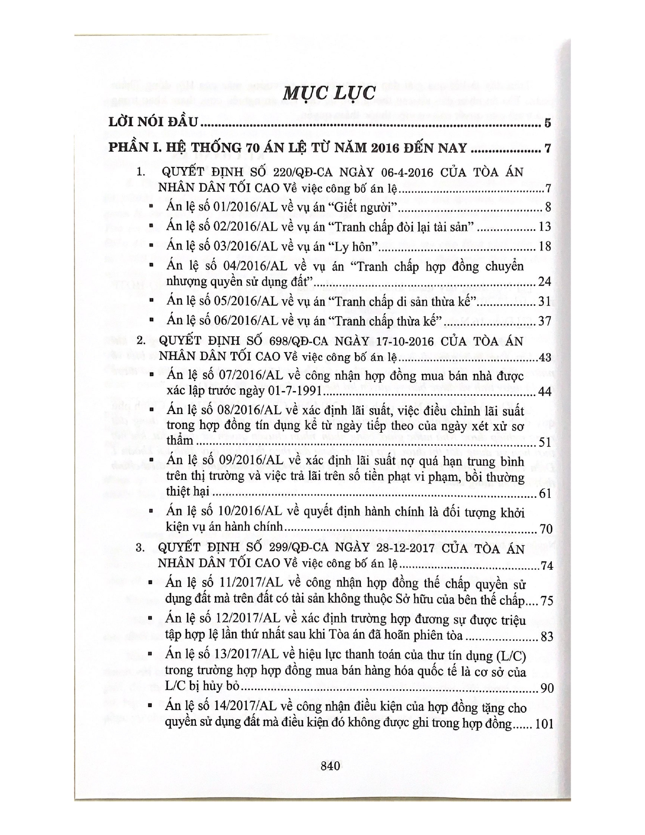 Hệ thống 70 Án lệ và các Giải đáp vướng mắc trong nghiệp vụ xét xử của Tòa án nhân dân tối cao từ năm 2016 đến nay