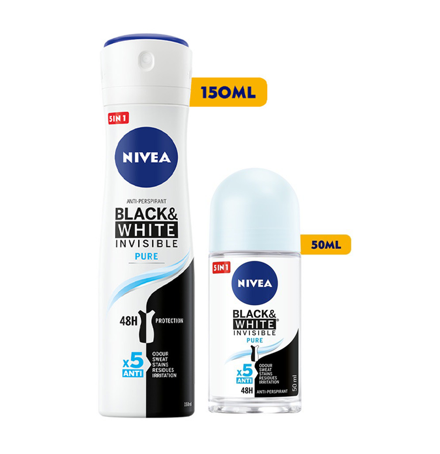 Bộ Đôi Xịt Ngăn Mùi Cho Nữ NIVEA Black and White Ngăn Vệt Ố Vàng Vượt Trội 5in1 (150ml)+Lăn Ngăn Mùi NIVEA Black and White Ngăn Vệt Ố Vàng Vượt Trội 5in1 (50ml)