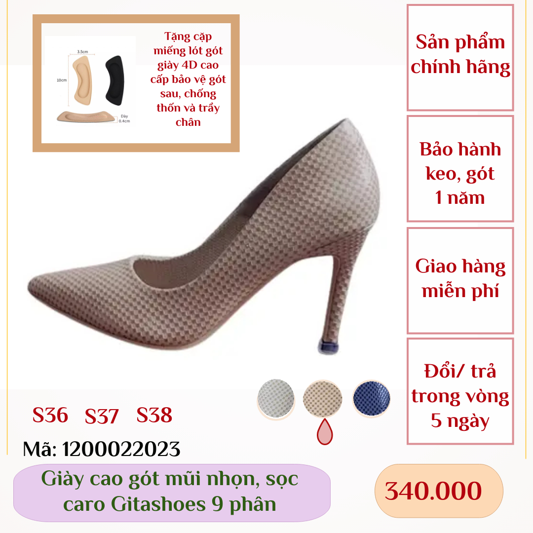 Giày cao gót gitashoes mũi nhọn, hình sọc caro, cao 9 phân - 1200022023