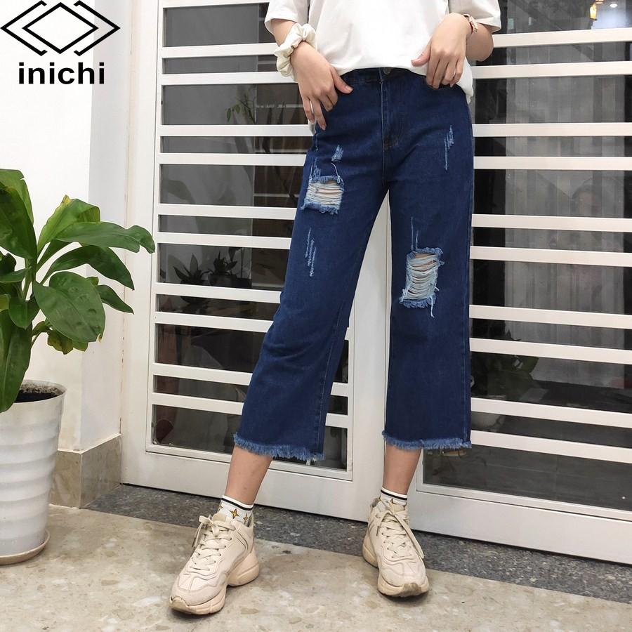 Quần baggy jean nữ Q682 xanh đậm cạp cao rách gối INICHI