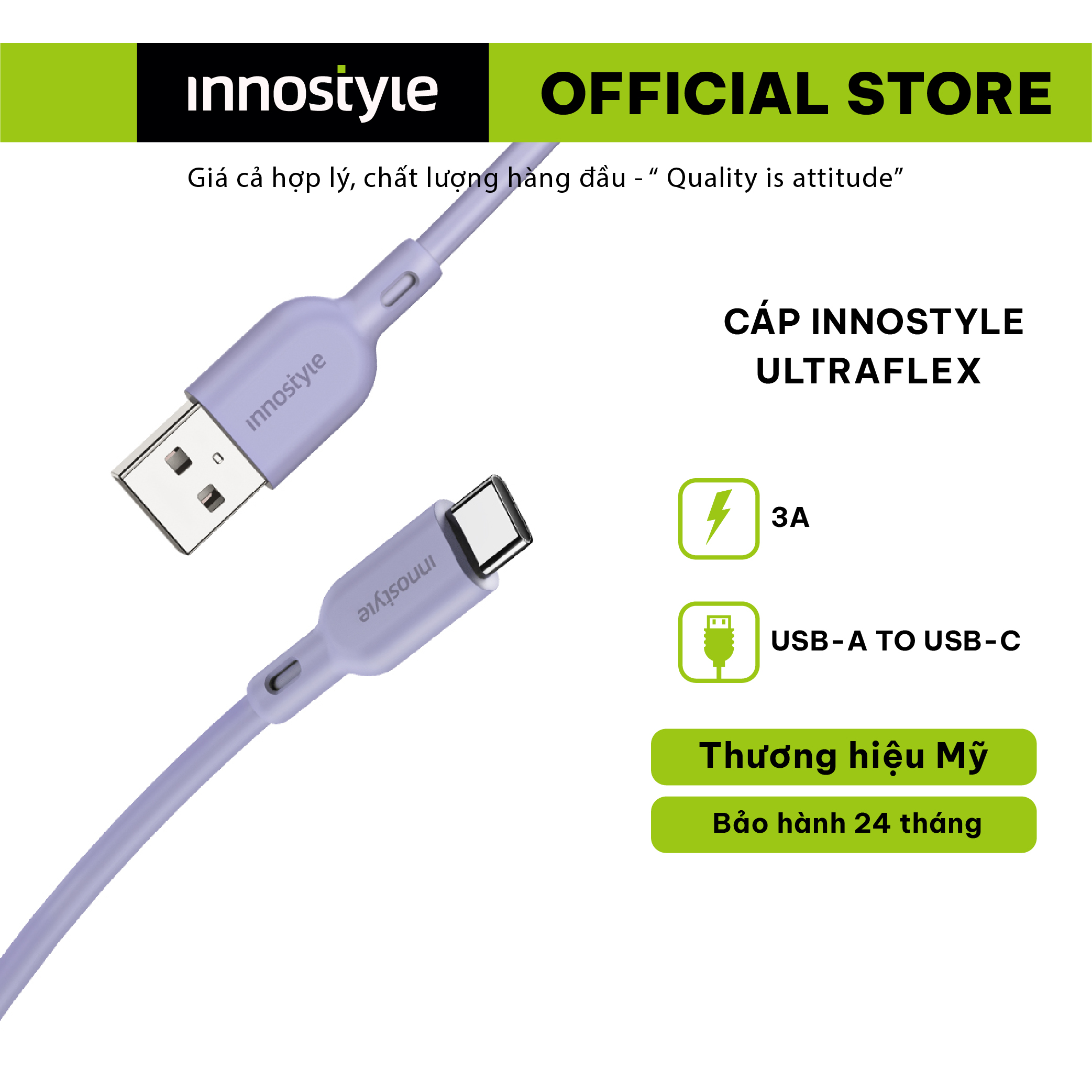 Cáp Innostyle Ultraflex USB-A to USB-C 1m5 - Hỗ trợ sạc công suất 3A, độ bền cao - Hàng chính hãng