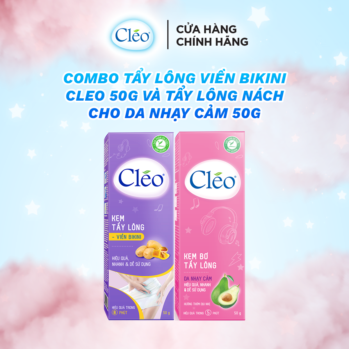 Combo tẩy lông Bikini Cléo, an toàn,hiệu quả trong 8 phút 50g và tẩy lông nách Cléo da nhạy cảm 50g