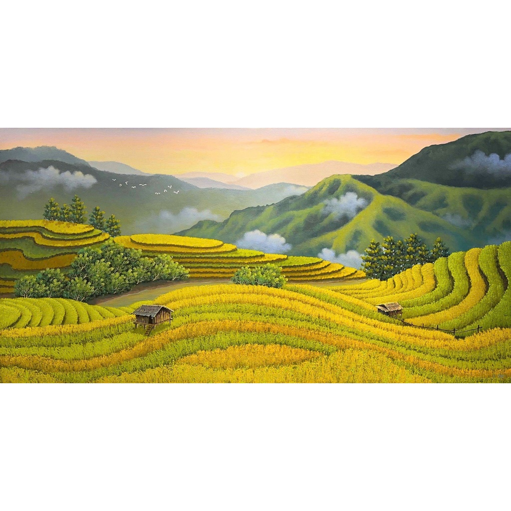 (HCM) Tranh dán tường làng quê Việt Nam yên bình  tích hợp sẵn keo rất dễ dán( có in theo kích thước yêu cầu)