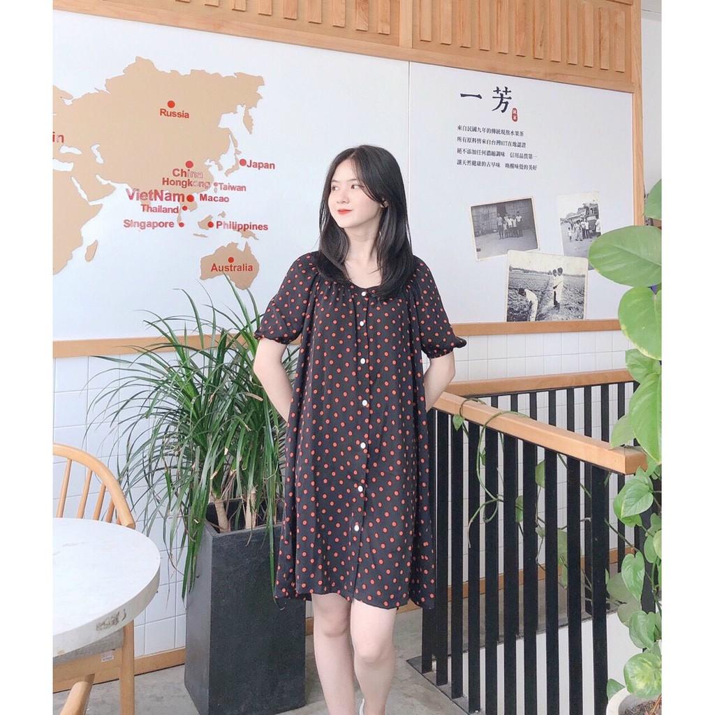 ĐẦM SUÔNG CHẤM BI CỔ VUÔNG CỘT NƠ SAU TAY LỠ PHỒNG DÁNG BABYDOLL-hình thật shop chụp