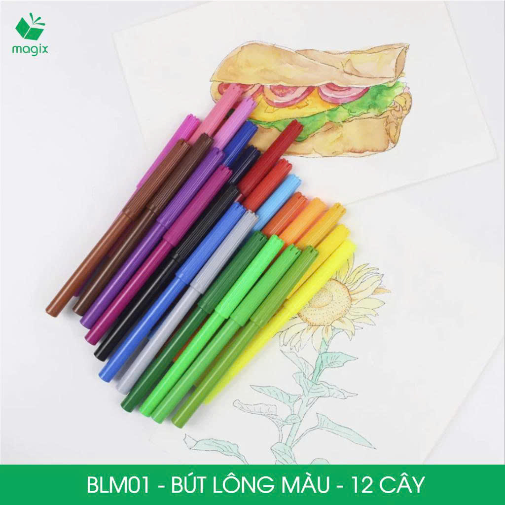 BLM01 - 12 cây bút lông màu, bút dạ màu sắc tươi sáng, an toàn cho bé