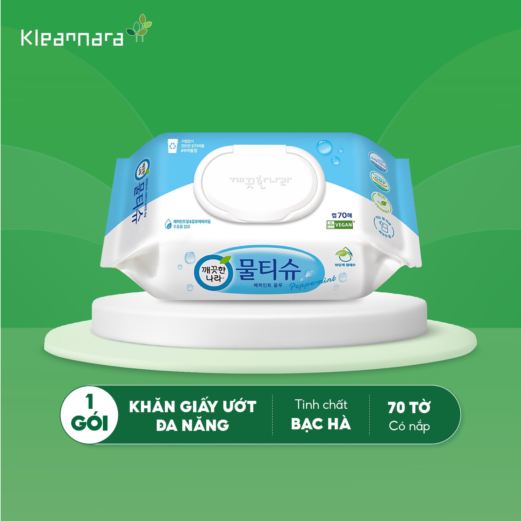 Khăn ướt đa năng KLEANNARA Tinh chất bạc hà diệt khuẩn (có nắp) - 70 tờ
