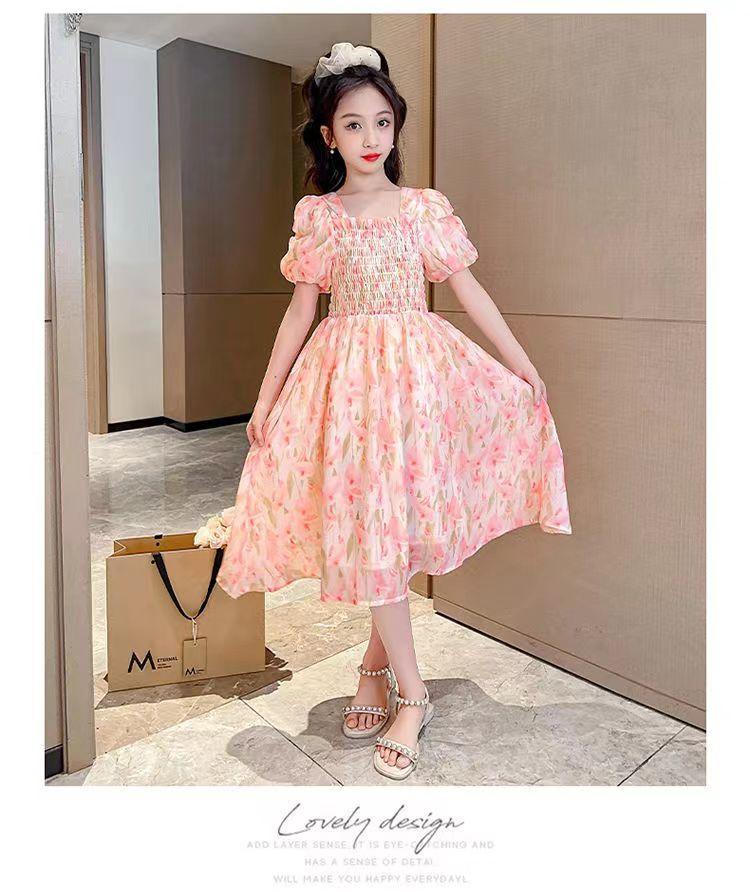 SHUANGYAN Cô gái váy mùa hè phong cách phương Tây 2023 Big Boy mùa hè váy chiffon mùa hè cô gái mảnh hoa mối tình đầu váy