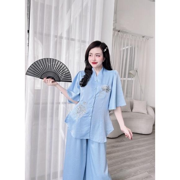 Đồ Bộ Nữ, Bộ Đồ Lam thêu hoa, lụa tuyết nhung, Freesize 40-65kg, tuỳ chiều cao
