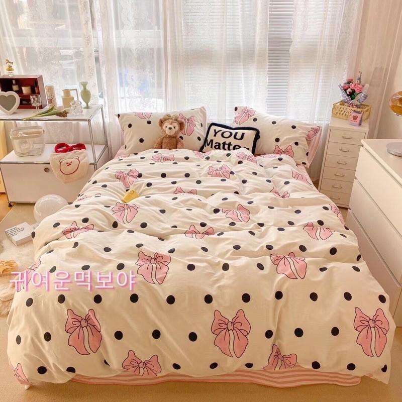 Bộ Chăn Ga Gối Cotton Living 100%cotton Hàng Nhập Khẩu Cao Cấp 4 Món Nơ Chấm Bi