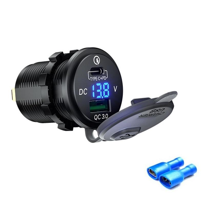 Type C mới C PD & QC3.0 Công suất bộ sạc xe hơi USB với LED Voltmeter Bộ chuyển đổi ổ cắm bộ sạc nhanh cho xe máy xe máy