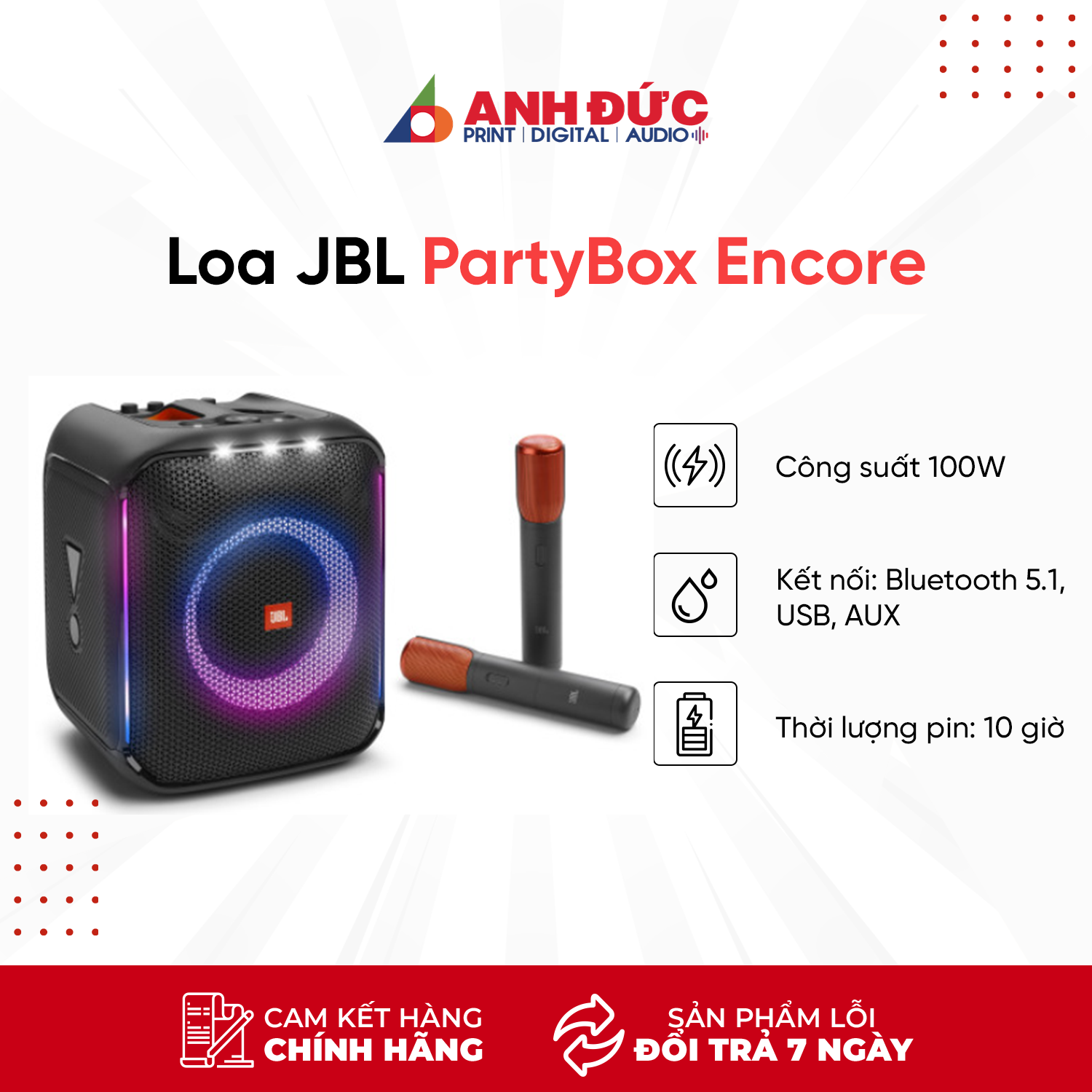 Loa Bluetooth Karaoke JBL Partybox Encore (Kèm Micro) (Công Suất 100W, Pin 10h) - Hàng Chính Hãng PGI