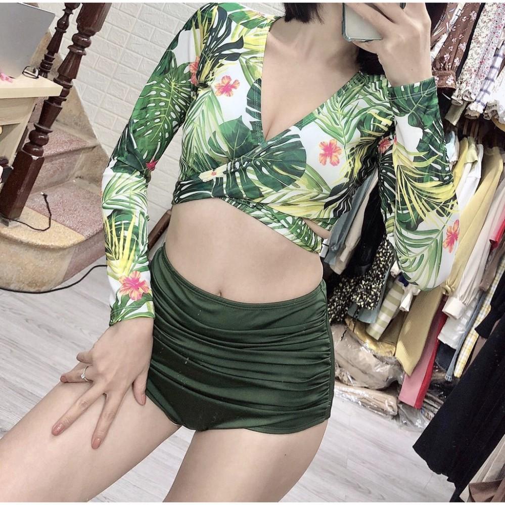 freeship Đồ bơi Bikini hai mảnh dài tay ️Freeship️ họa tiết hoa lá xanh quần cạp cao mặc đi biển đi bơi mới nhất