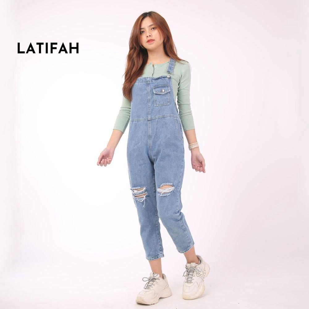Quần yếm jean dài nữ LATIFAH túi đồng hồ rách gối YJ005