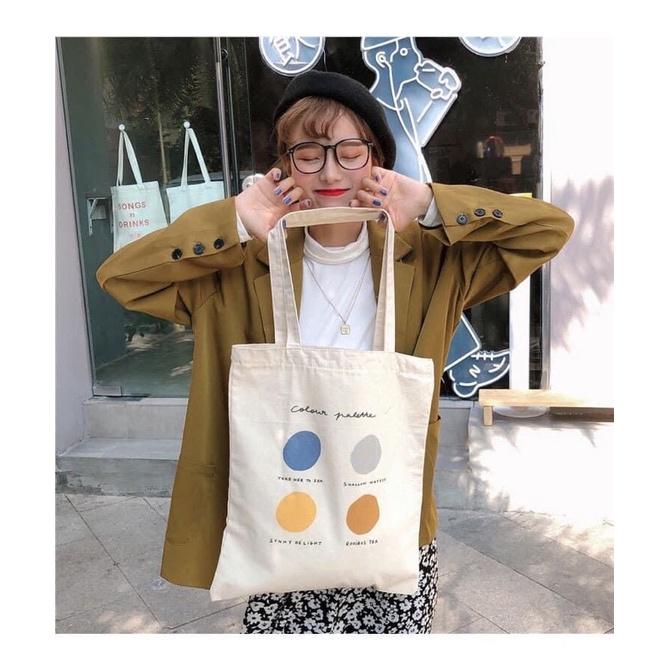 Túi Tote Túi Vải Nữ Canvas đeo vai Circle trắng phong cách Hàn Quốc Vintage có dây kéo và ngăn phụ