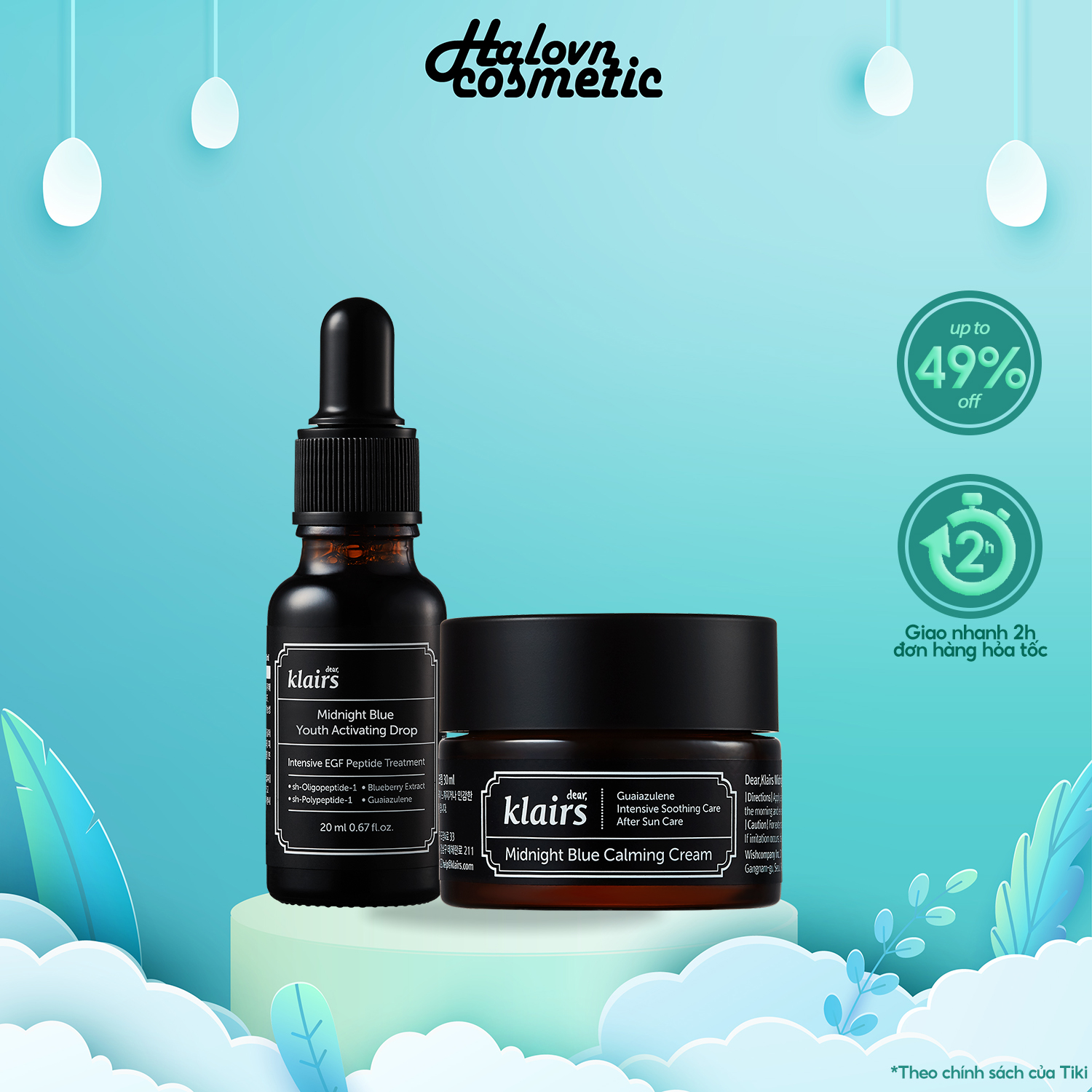 Bộ Đôi Dưỡng Ẩm Phục Hồi Dear, Klairs Midnight Blue Calming Cream 30ml và Midnight Blue Youth Activating Drop 20ml
