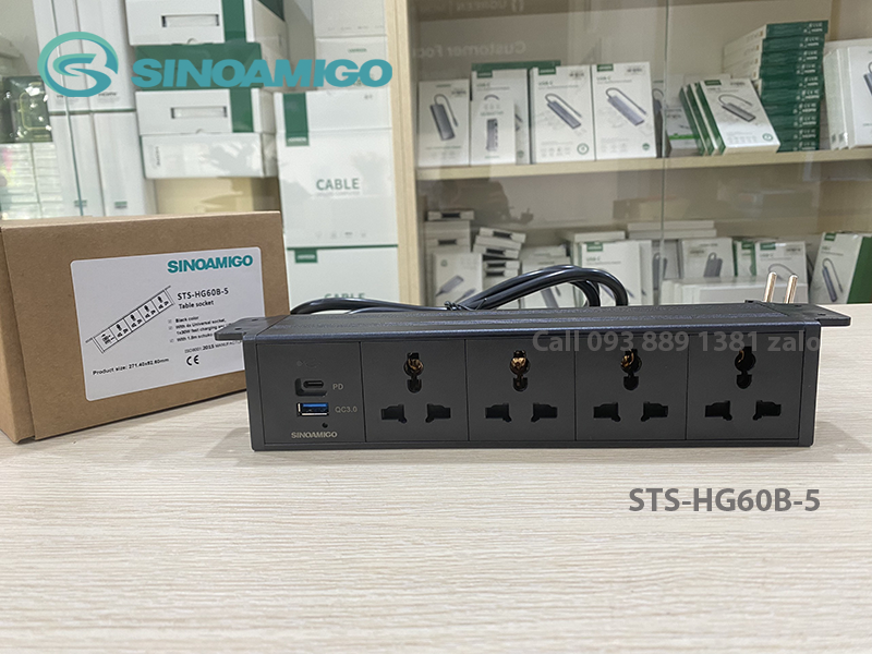 Sinoamigo STS-HG60B-5: Hộp ổ cắm Âm Bàn Hiện Đại Với Thiết Kế Lắp Âm Dưới Bàn - Tích hợp 4 ổ cắm đa năng, 1 cổng sạc USb type C (PD) và 1 cổng sạc USB type A (QC-3.0) - Hàng chính hãng