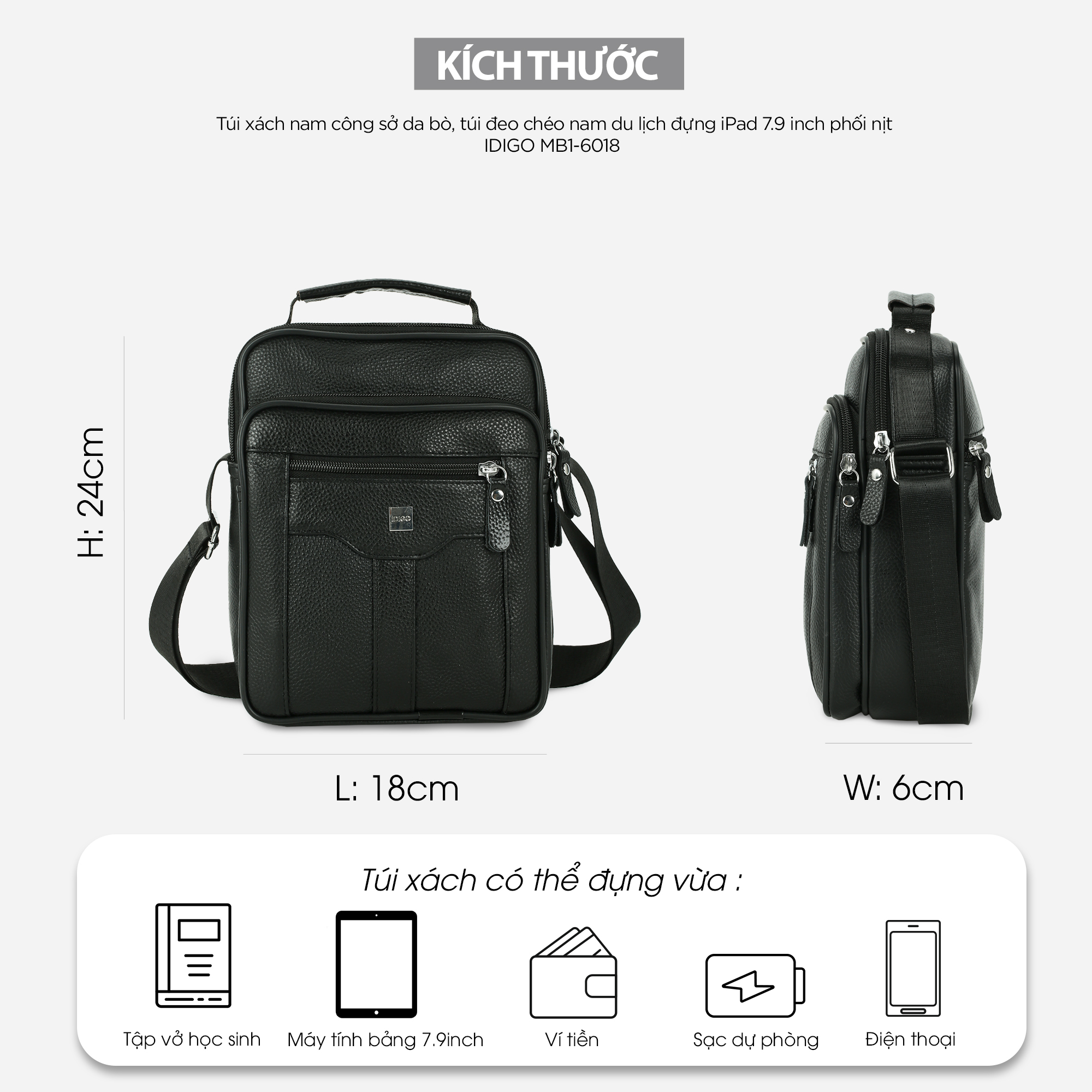 Túi xách nam công sở da thật, túi đeo chéo nam du lịch đựng máy tính bảng 7.9 inch phối nịt IDIGO MB1 - 6018