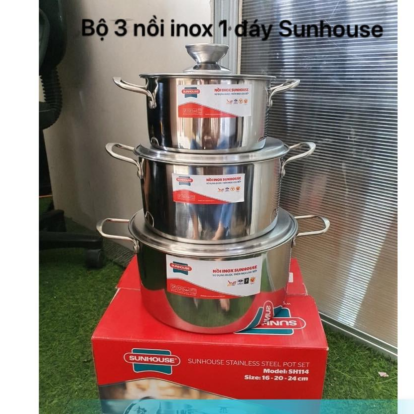 BỘ 3 NỒI INOX 1 ĐÁY SUNHOUSE SH224 - DÙNG ĐƯỢC MỌI LOẠI BẾP, KỂ CẢ BÊP ĐIỆN TỪ.