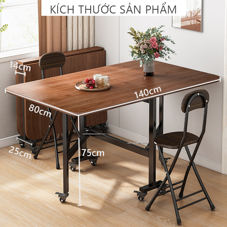 Bàn Ăn  Gấp Gọn Thông Minh Khung Sắt Có Bánh Xe Màu Óc Chó AM107