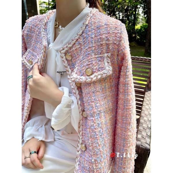 áo khoác dạ tweed hồng khuy hoa hàng qc (sẵn)