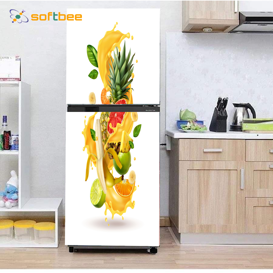 Miếng dán tủ lạnh chất liệu decal chống nước, in hình hoa quả nền trắng