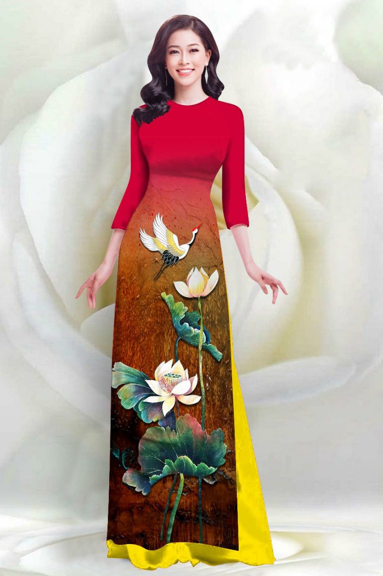 Áo dài in 4D hoa Sen hạc - AD 11
