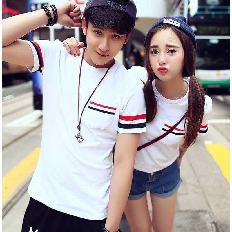 Áo đôi nam nữ phối vạch đỏ đen, thun loại 1