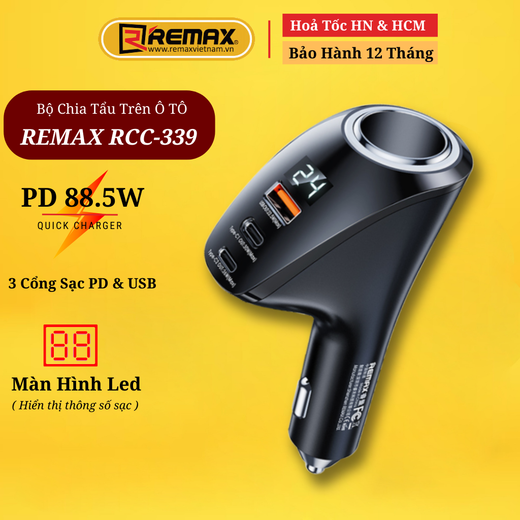 Tẩu sạc cho ô tô Remax RCC-339 Bộ chia tẩu sạc nhanh 88.5W chuẩn PD , Q.C 3.0 - Hàng Chính Hãng Remax