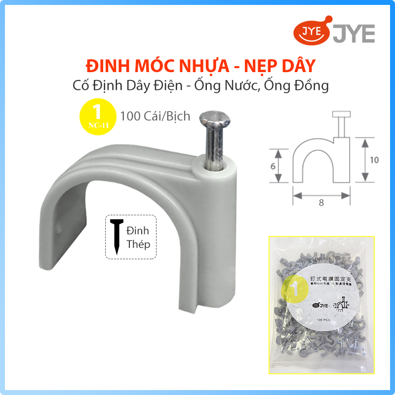 Đinh Móc Nhựa JYE (NC-1-i) 100 Cái/Bịch, Nẹp Đinh Ghim Cố Định Dây Điện, Đinh Móc Ống Đồng Điều Hòa - Ống Nước, Đinh Bằng Thép Chắc Chắn, Nhiều Size Lựa Chọn