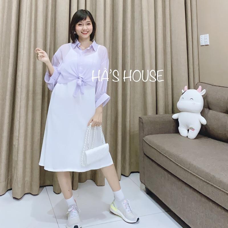 Đầm trắng dây phối áo sơ mi voan hàn màu tím pastel