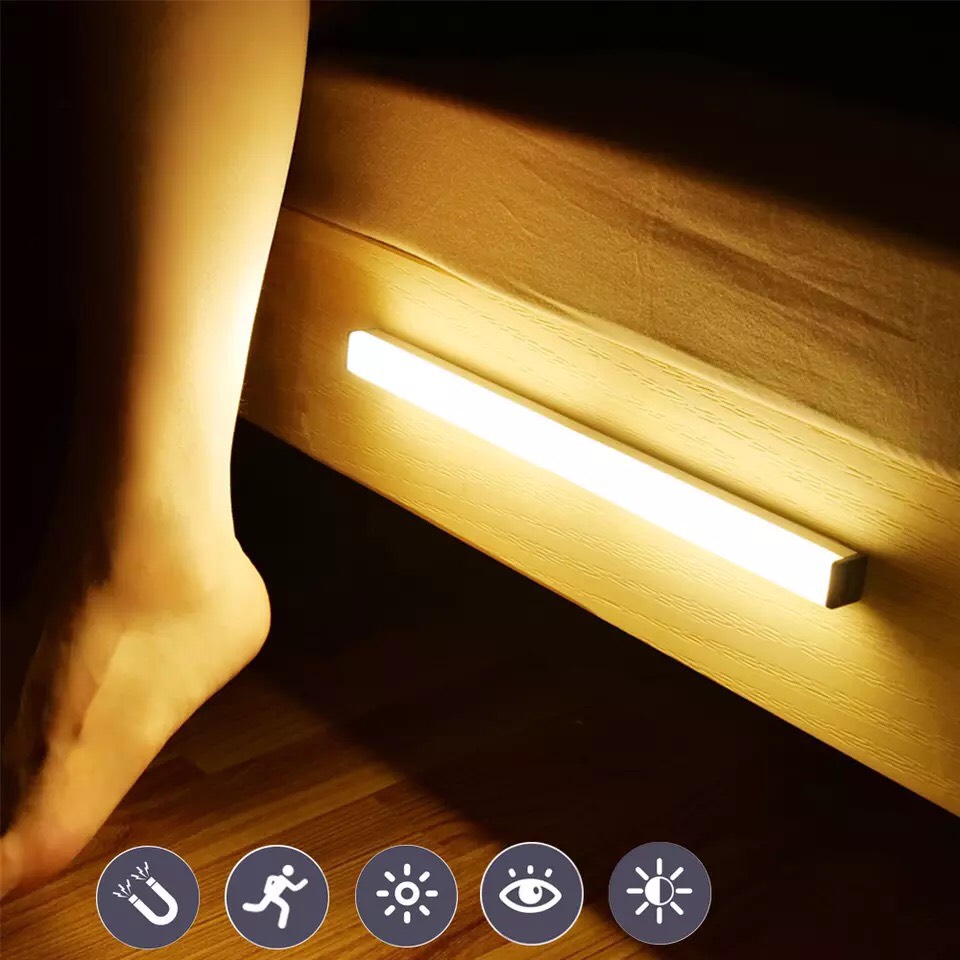 Đèn ngủ cảm ứng gắn giường, cầu thang, toilet, tủ đồ, tự động bật/tắt ánh sáng ban đêm, sạc bằng USB