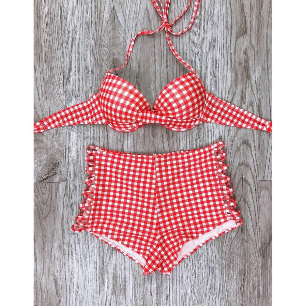 Bikini hai mảnh caro đỏ cam gọng nữ tính mặc đi biển đi bơi đẹp ( Hàng loại 1)