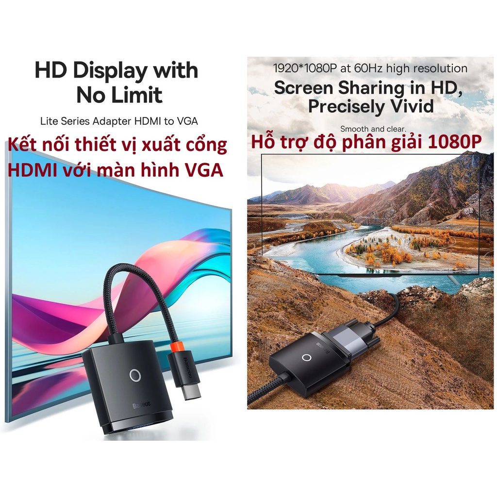 Đầu chuyển HDMI ra VGA 1080P Baseus Lite Series BS-OH010 -Hàng chính hãng