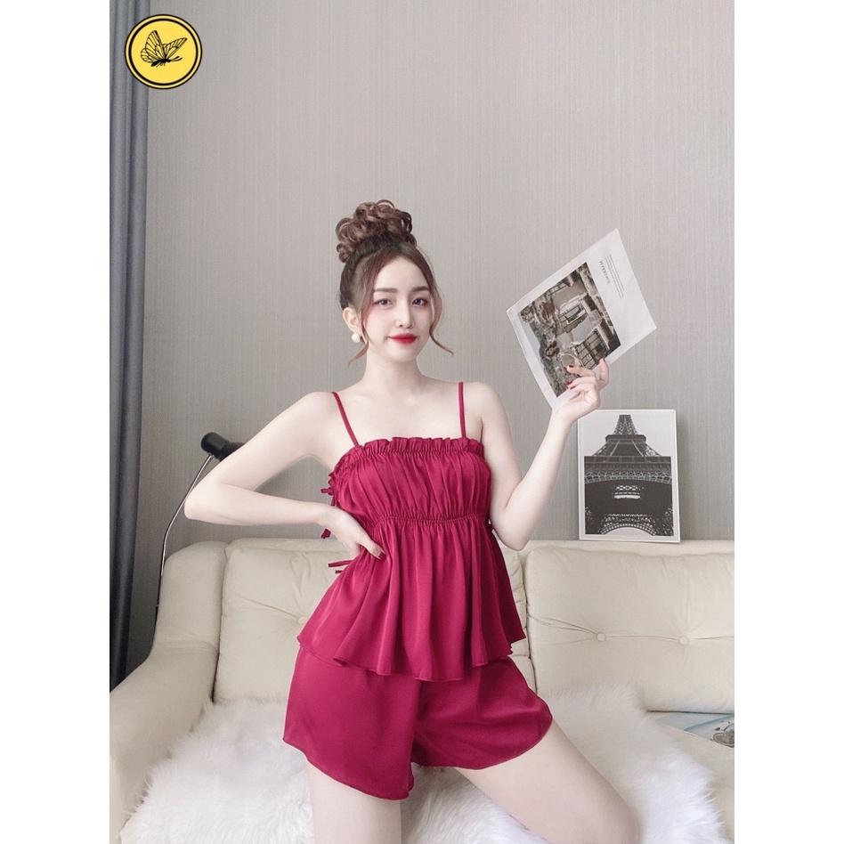 Đồ Bộ Mặc Nhà Nữ, Đồ Ngủ Nữ 2 Dây Satin, Kiểu Nhún Thun Eo Trẻ Trung, Nữ Tính, Kiểu Dáng Thoải Mái, Dưới 55 KG