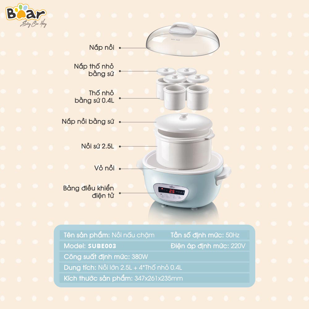 Combo Nồi Nấu Chậm 2,5L Bear SUBE003 và Máy xay ăn dặm đa năng 3 cối B10V2 nấu cháo, chưng yến, ăn dặm tiện dụng - Hàng chính hãng