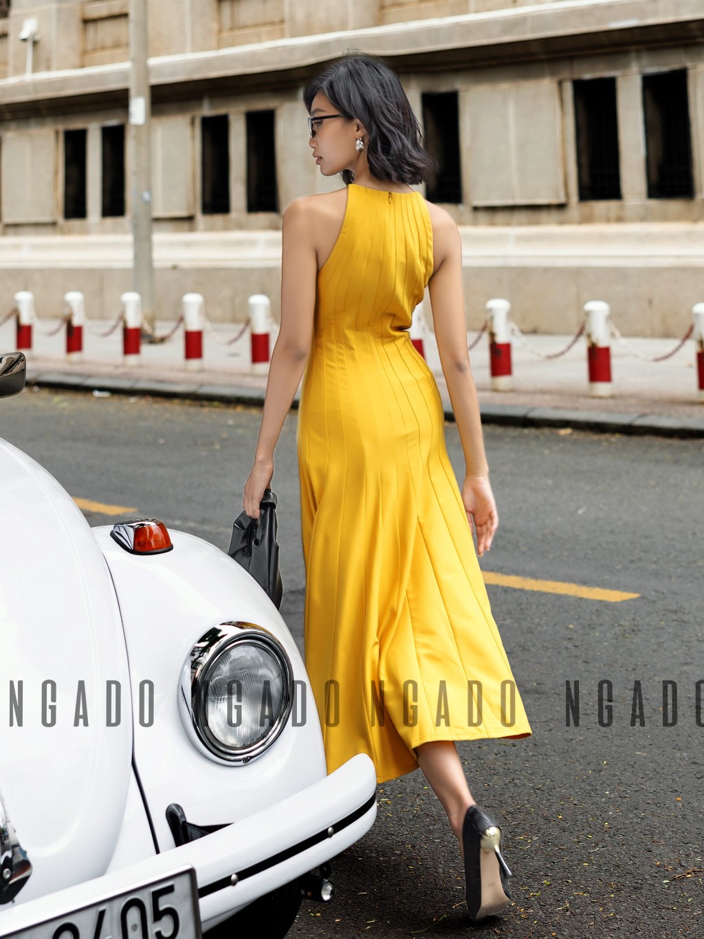 Đầm vàng cổ yếm NGADO, Đầm xòe hở vai, Đầm dự tiệc, Đầm dạo phố