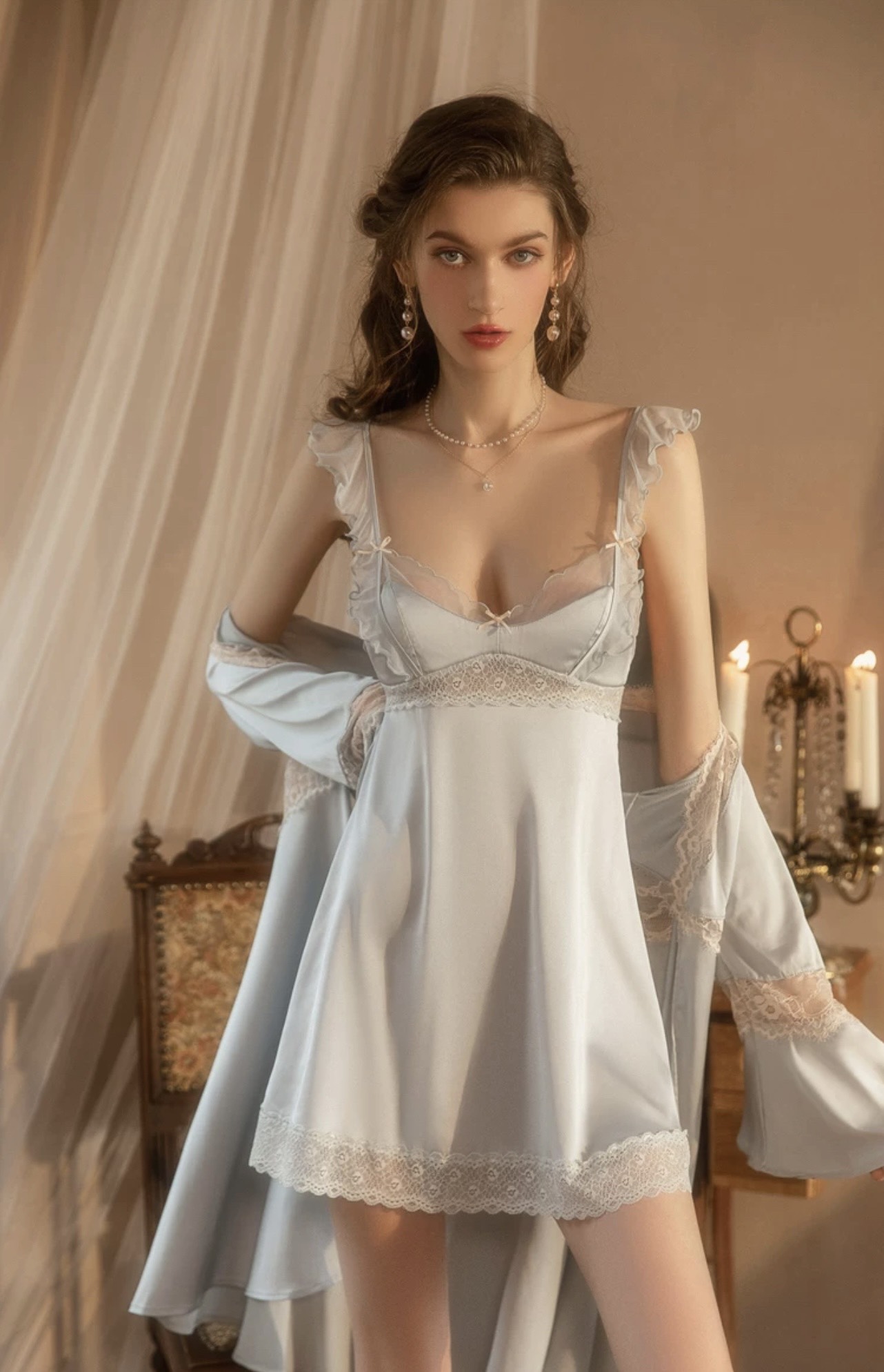 Váy Ngủ Satin Hai Dây Phối Ren - B.Lingerie