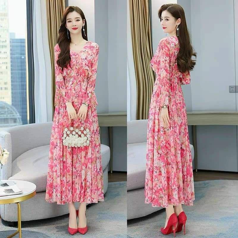 HÀNG NHẬP - ĐẦM MAXI VOAN HOA CỔ V VIỀN BÈO TAY DÀI EO THUN