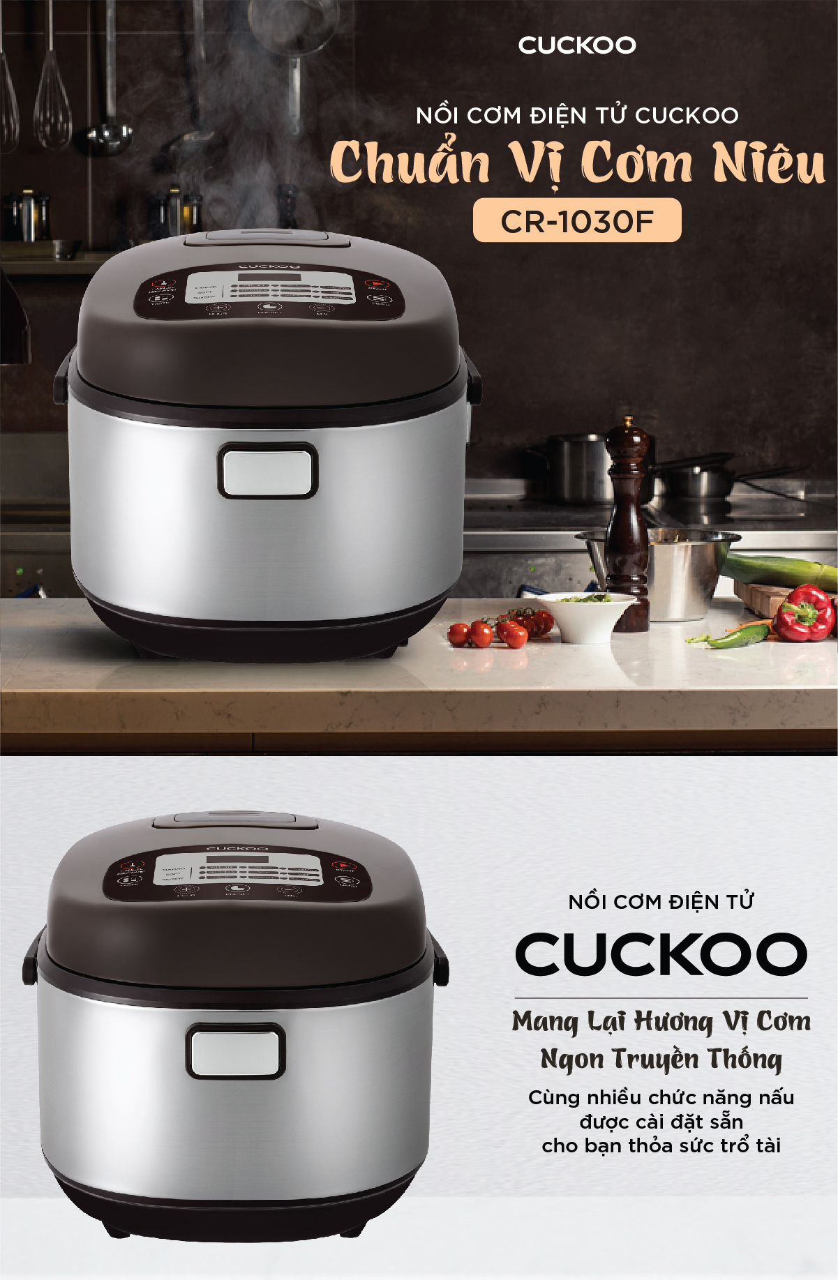 Nồi cơm điện tử Cuckoo 1.8L CR-1030F đa dạng chức năng nấu, công nghệ nghiệt 3D, lòng nồi chống dính bền bỉ - Bảo hành 2 năm - Hàng chính hãng Cuckoo Vina